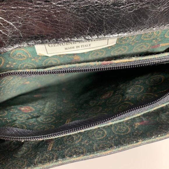 Vintage 80s Black Leather Top Handle Accordion Shoulder Bag Front Flap Clasp - Picture 9 of 11